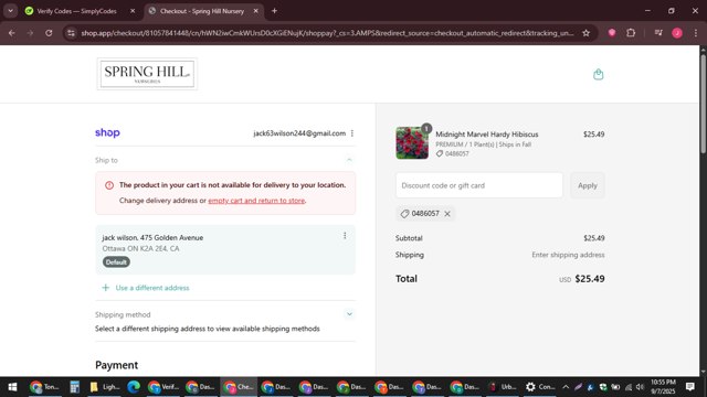 Spring Hill Nursery checkout page showing Spring Hill Nursery coupon code box | Screenshot taken by SimplyCodes community member on Sep 8, 2025