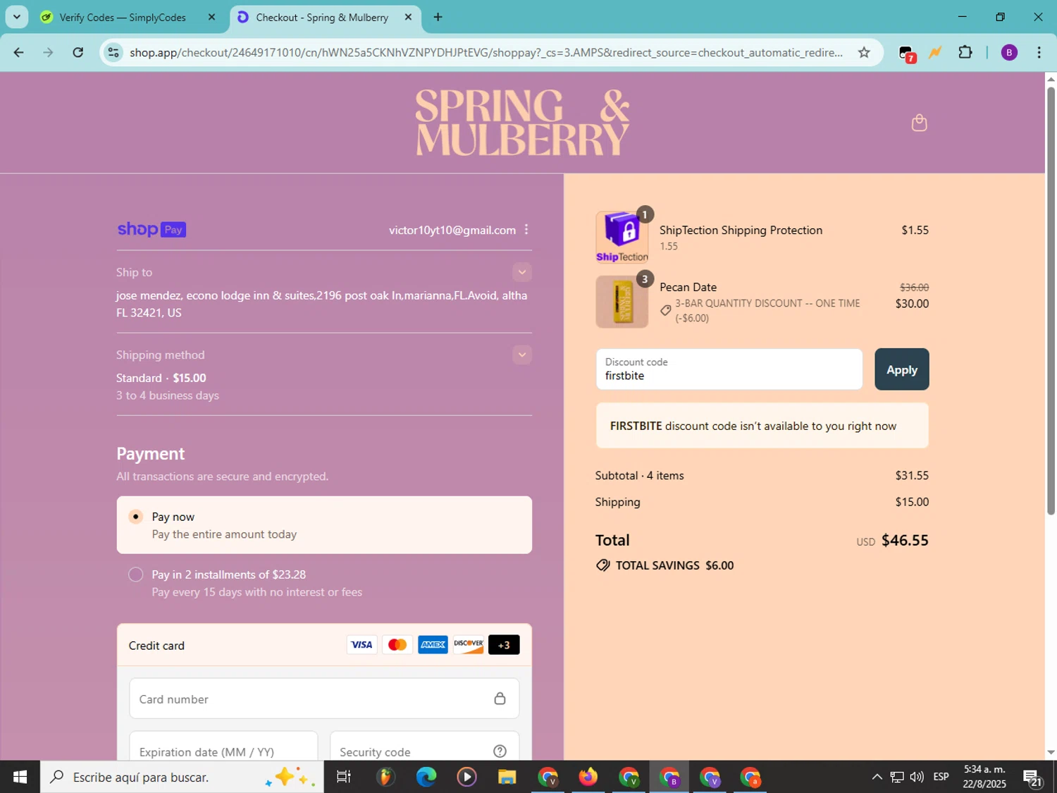 Spring & Mulberry promo code screenshot showing code firstbite applied at Spring & Mulberry checkout page. Uploaded by SimplyCodes community member Soyvictor on Aug 22, 2025