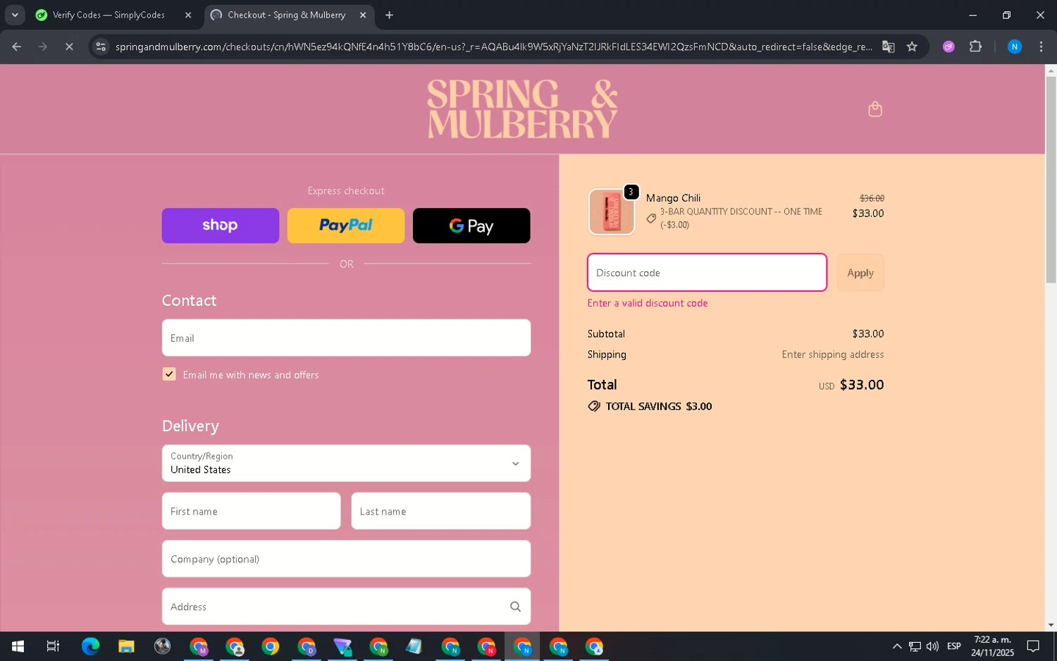 Spring & Mulberry promo code screenshot showing code BFVIP20 applied at Spring & Mulberry checkout page. Uploaded by SimplyCodes community member BudgetFalcon2125 on Nov 24, 2025