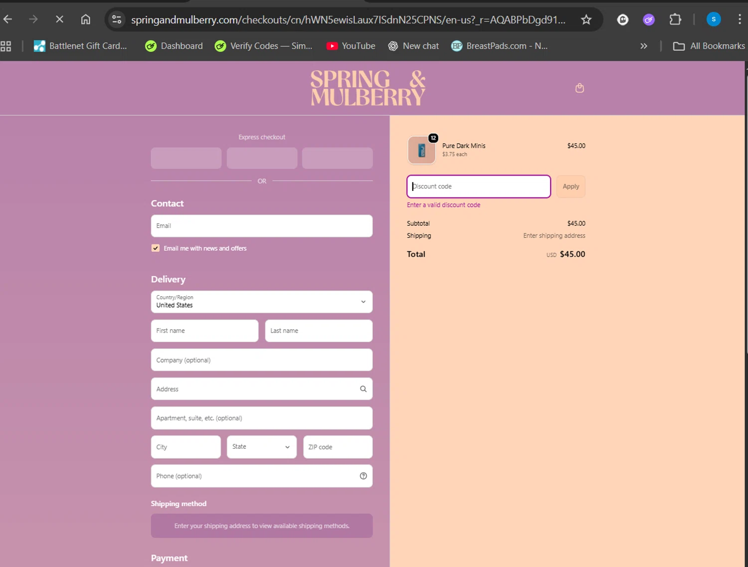 Spring & Mulberry promo code screenshot showing code BFVIP20 applied at Spring & Mulberry checkout page. Uploaded by SimplyCodes community member Giyuuu on Nov 24, 2025