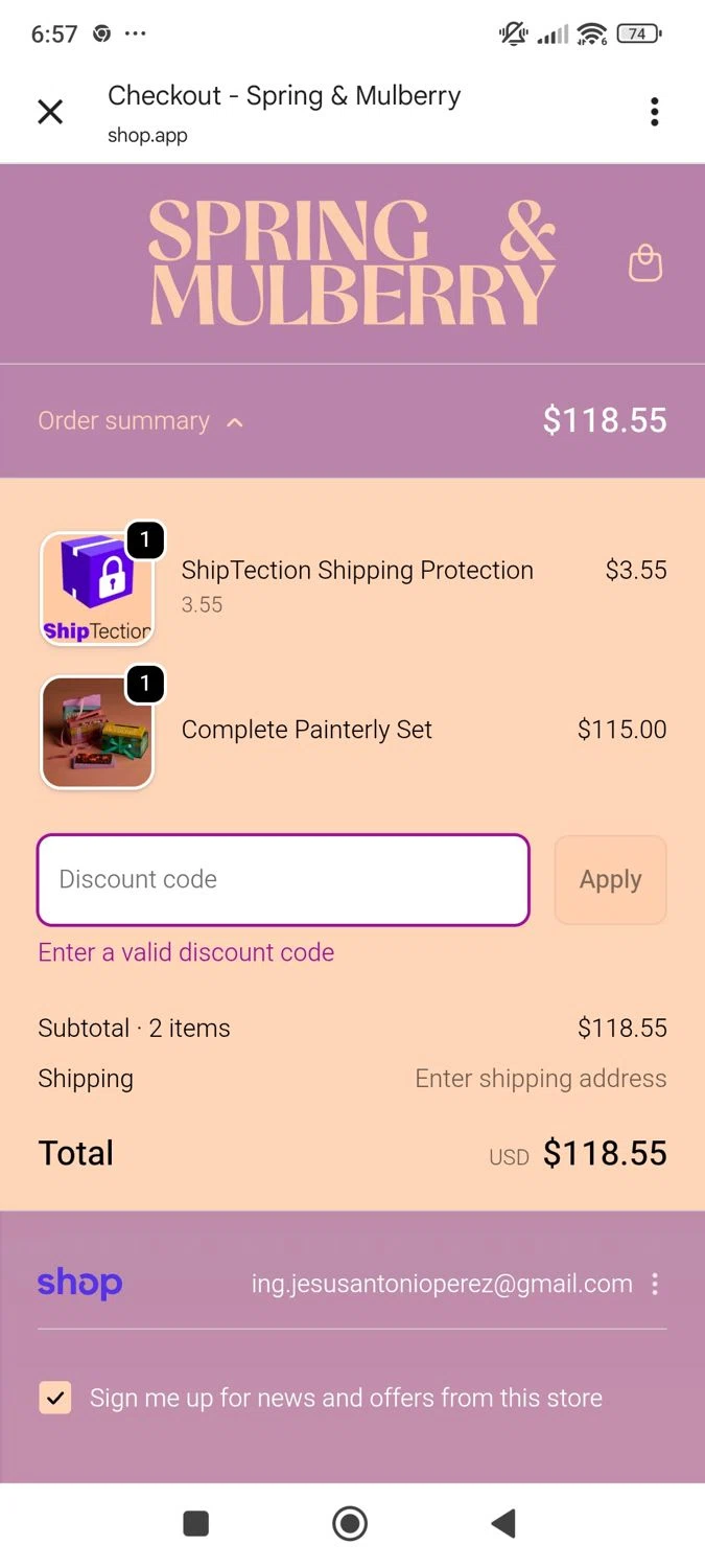 Spring & Mulberry promo code screenshot showing code BFVIP20 applied at Spring & Mulberry checkout page. Uploaded by SimplyCodes community member ShieldWhiz4659 on Nov 24, 2025