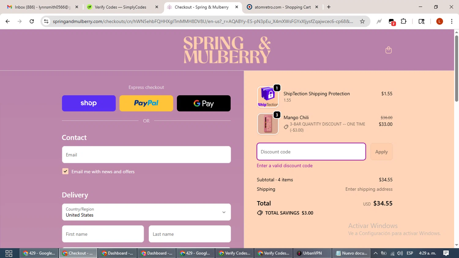 Spring & Mulberry promo code screenshot showing code bfvip15 applied at Spring & Mulberry checkout page. Uploaded by SimplyCodes community member BonusHero9692 on Nov 24, 2025