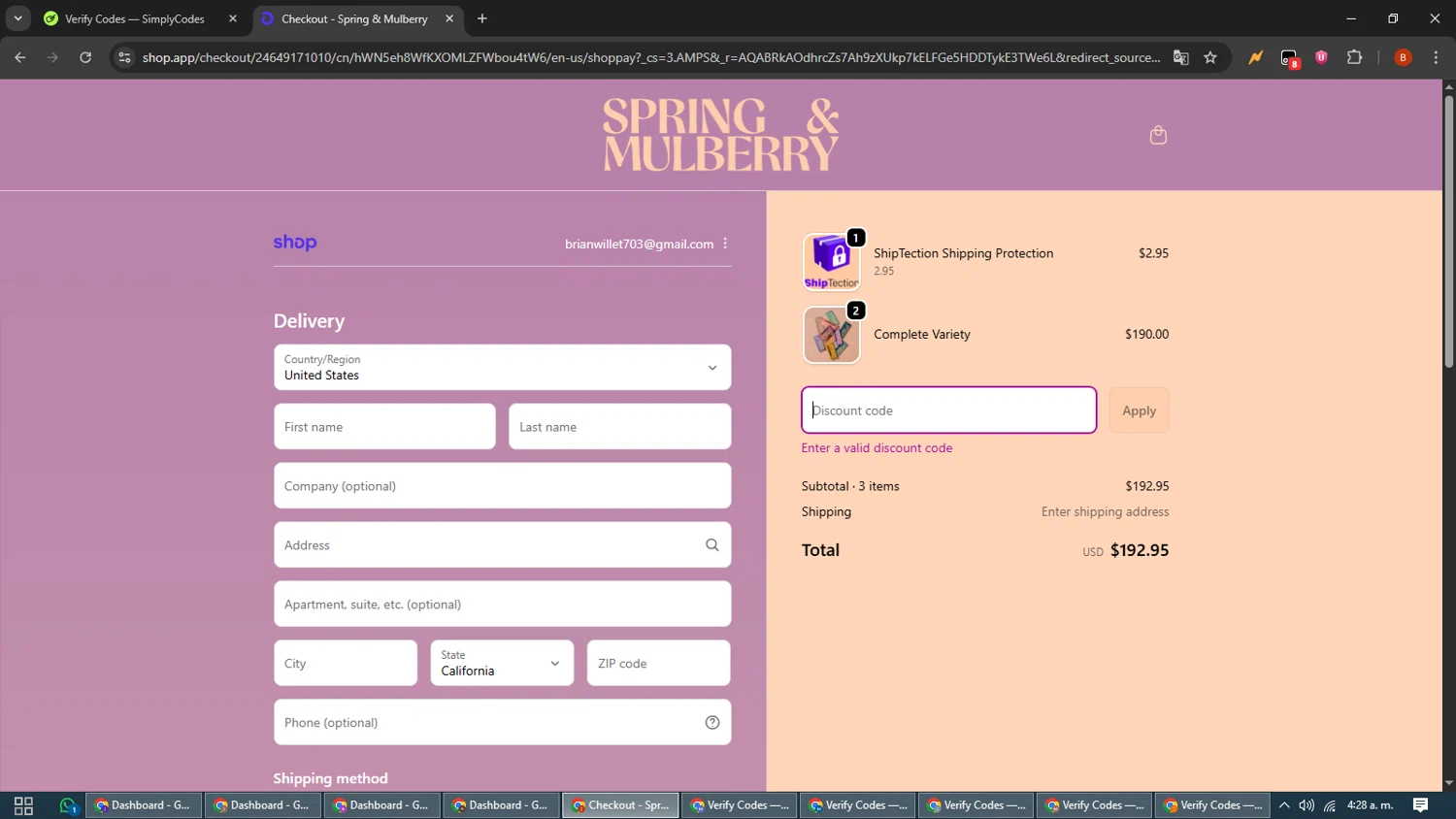 Spring & Mulberry promo code screenshot showing code bfvip15 applied at Spring & Mulberry checkout page. Uploaded by SimplyCodes community member BrilliantLynx7174 on Nov 24, 2025