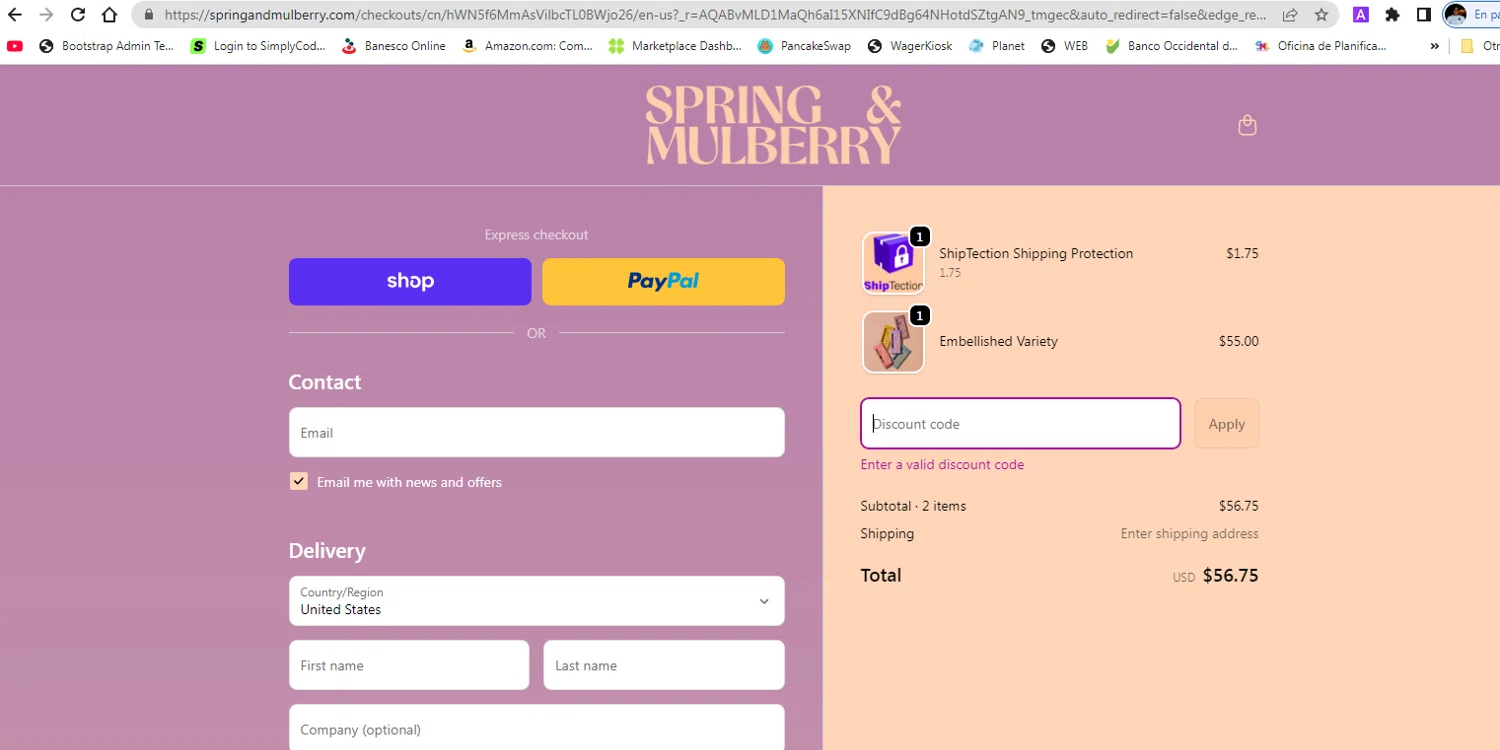 Spring & Mulberry promo code screenshot showing code bfvip15 applied at Spring & Mulberry checkout page. Uploaded by SimplyCodes community member pollima on Nov 24, 2025