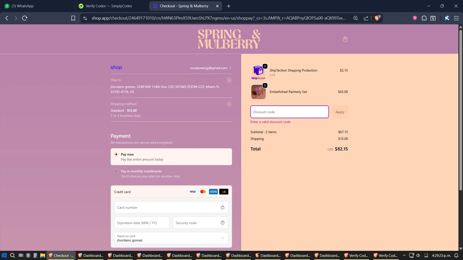 Spring & Mulberry promo code screenshot showing code CM15 applied at Spring & Mulberry checkout page. Uploaded by SimplyCodes community member SimplyGOAT on Dec 4, 2025