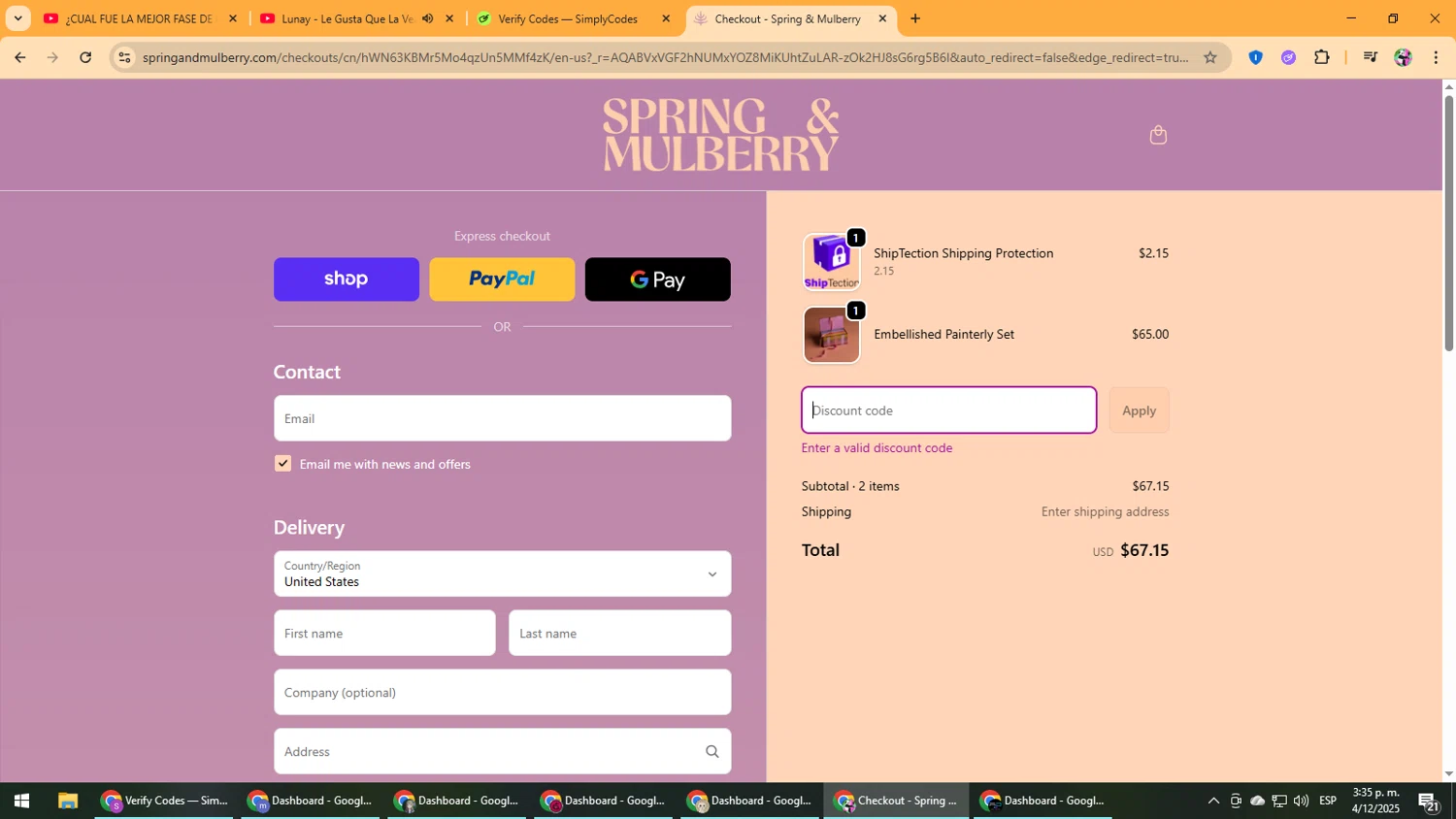 Spring & Mulberry promo code screenshot showing code CM15 applied at Spring & Mulberry checkout page. Uploaded by SimplyCodes community member Vanmanuel on Dec 4, 2025