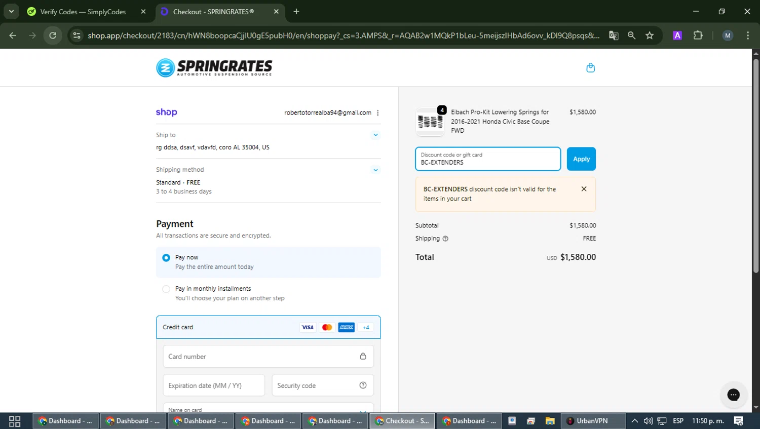 Springrates checkout page showing Springrates discount code box | Screenshot taken by SimplyCodes community member on Feb 10, 2026