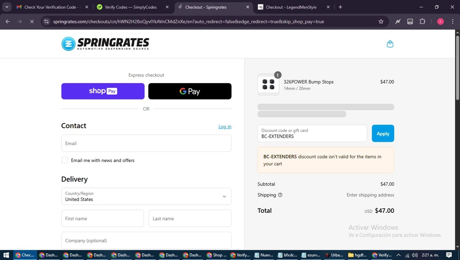 Springrates discount code screenshot showing code BC-EXTENDERS applied at Springrates checkout page. Uploaded by SimplyCodes community member WisePro3739 on Aug 27, 2025