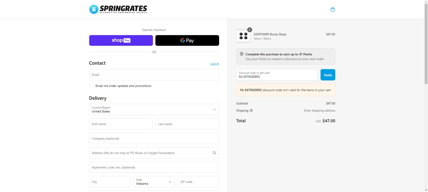Springrates discount code screenshot showing code FA-EXTENDERS applied at Springrates checkout page. Uploaded by SimplyCodes community member PromoAdmiral6652 on Jun 12, 2025