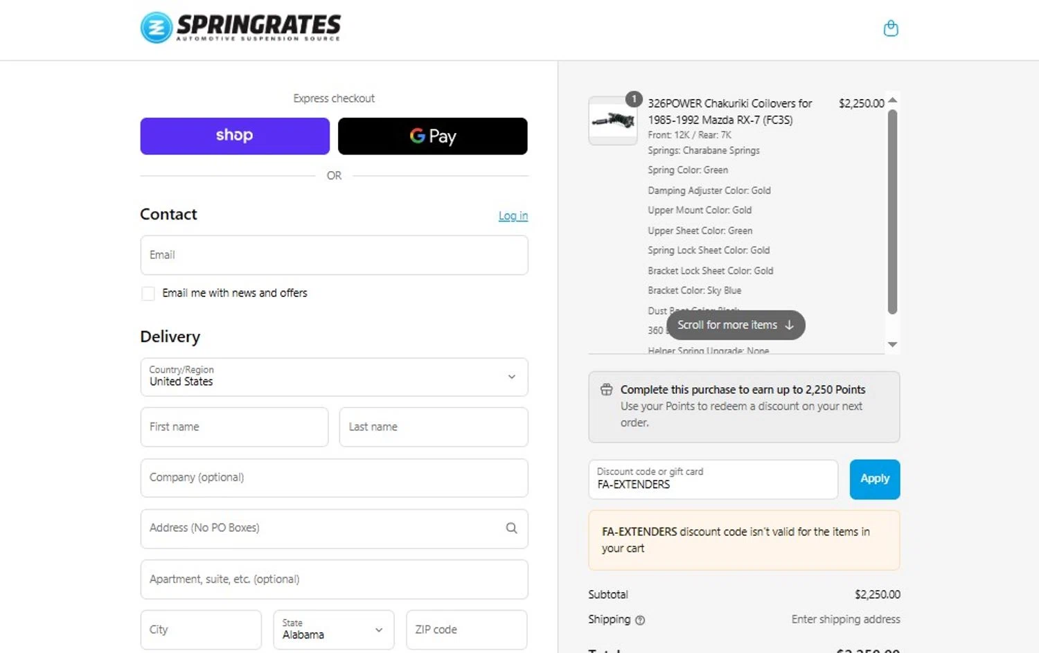 Springrates discount code screenshot showing code FA-EXTENDERS applied at Springrates checkout page. Uploaded by SimplyCodes community member mikhaildelmoral on Aug 31, 2025