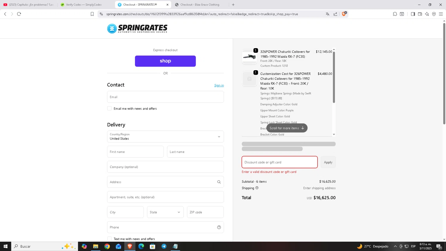 Springrates discount code screenshot showing code CGJFVSVR applied at Springrates checkout page. Uploaded by SimplyCodes community member Carloscoder_900457733 on Nov 3, 2025