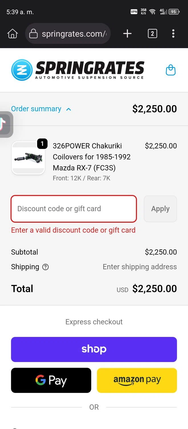 Springrates discount code screenshot showing code CGJFVSVR applied at Springrates checkout page. Uploaded by SimplyCodes community member GumballWatterson on Nov 3, 2025