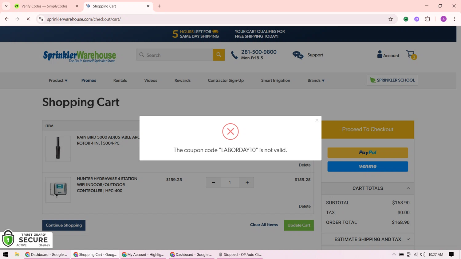 Sprinkler Warehouse discount code screenshot showing code LABORDAY10 applied at Sprinkler Warehouse checkout page. Uploaded by SimplyCodes community member ShrewdMaverick9198 on Aug 26, 2025