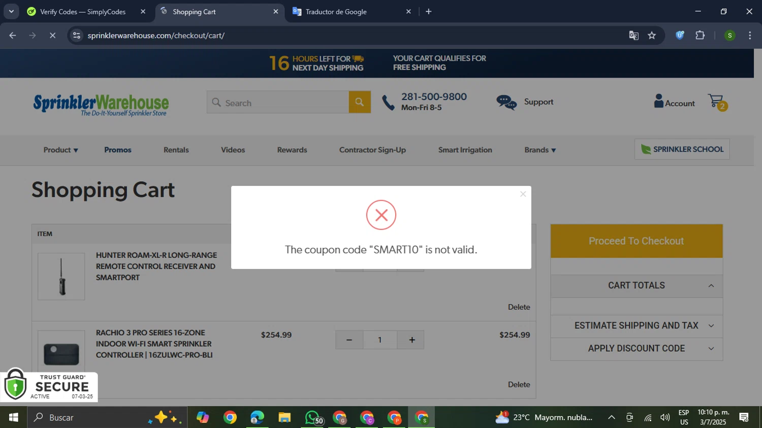 Sprinkler Warehouse discount code screenshot showing code SMART10 applied at Sprinkler Warehouse checkout page. Uploaded by SimplyCodes community member RewardMaverick445 on Jul 4, 2025