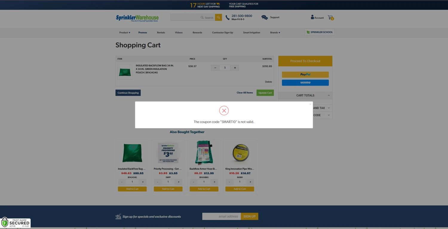 Sprinkler Warehouse discount code screenshot showing code SMART10 applied at Sprinkler Warehouse checkout page. Uploaded by SimplyCodes community member bluemoony on Jan 14, 2025