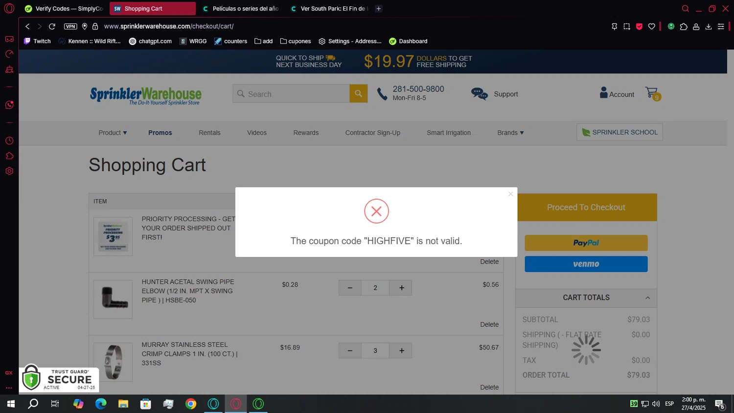 Sprinkler Warehouse discount code screenshot showing code HIGHFIVE applied at Sprinkler Warehouse checkout page. Uploaded by SimplyCodes community member Chukaflu on Apr 27, 2025