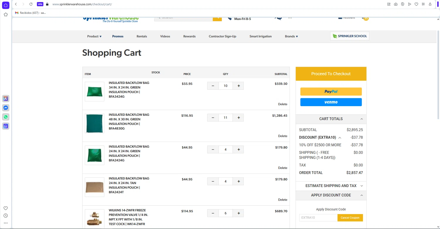 Sprinkler Warehouse checkout page showing Sprinkler Warehouse discount code box | Screenshot taken by SimplyCodes community member on Jan 11, 2026