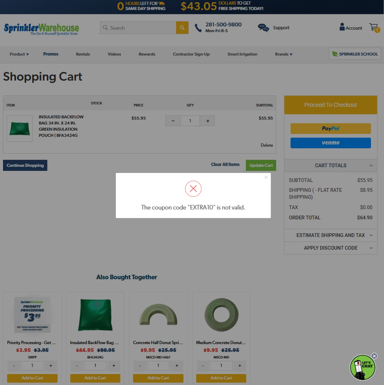 Sprinkler Warehouse discount code screenshot showing code EXTRA10 applied at Sprinkler Warehouse checkout page. Uploaded by SimplyCodes community member reggiesmith on Jan 11, 2026