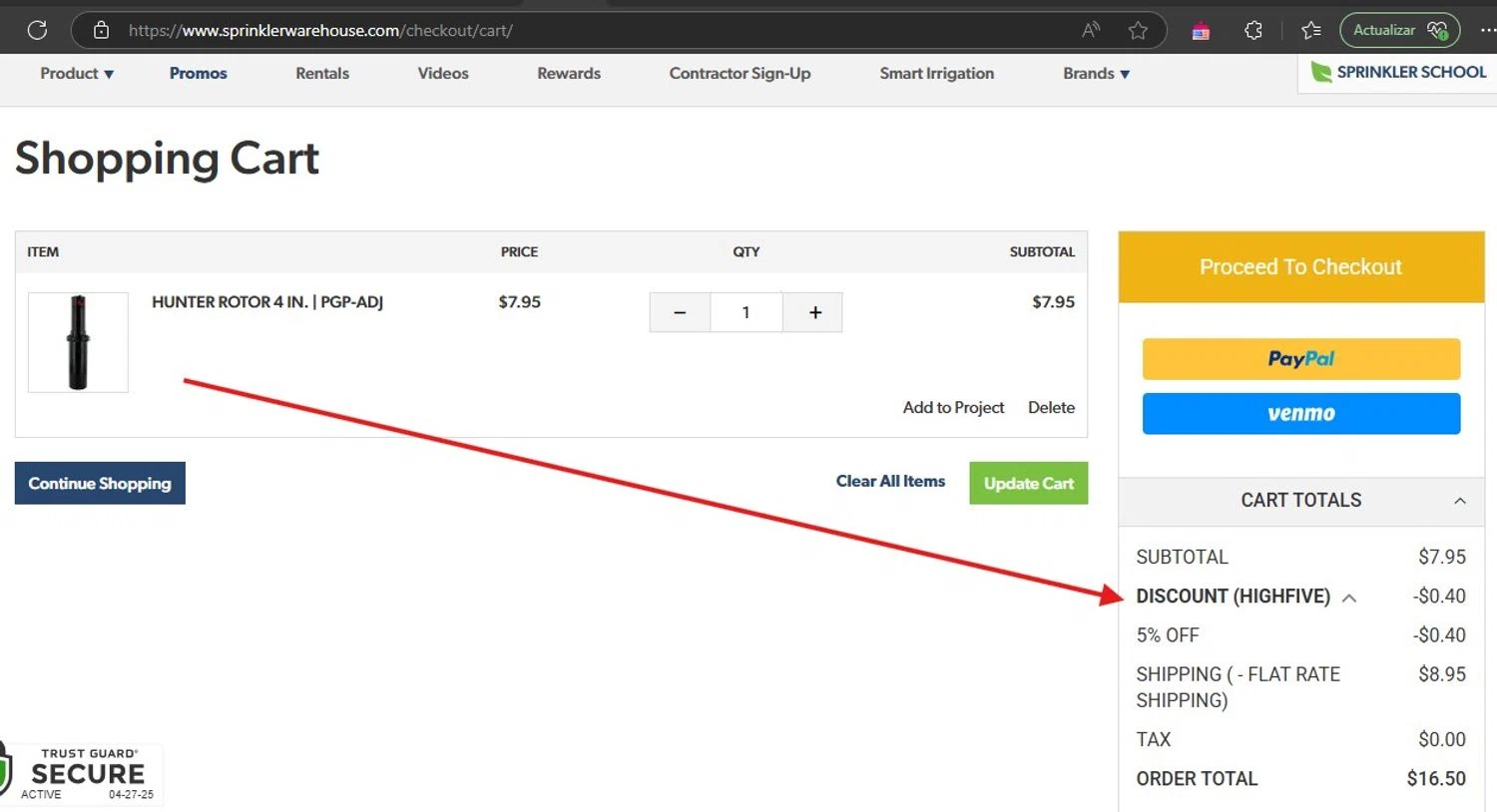 Sprinkler Warehouse discount code screenshot showing code HIGHFIVE applied at Sprinkler Warehouse checkout page. Uploaded by SimplyCodes community member HonestVzla on Apr 27, 2025