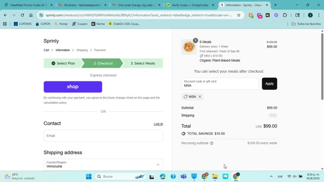 Sprinly checkout page showing Sprinly discount code box | Screenshot taken by SimplyCodes community member on Aug 31, 2025