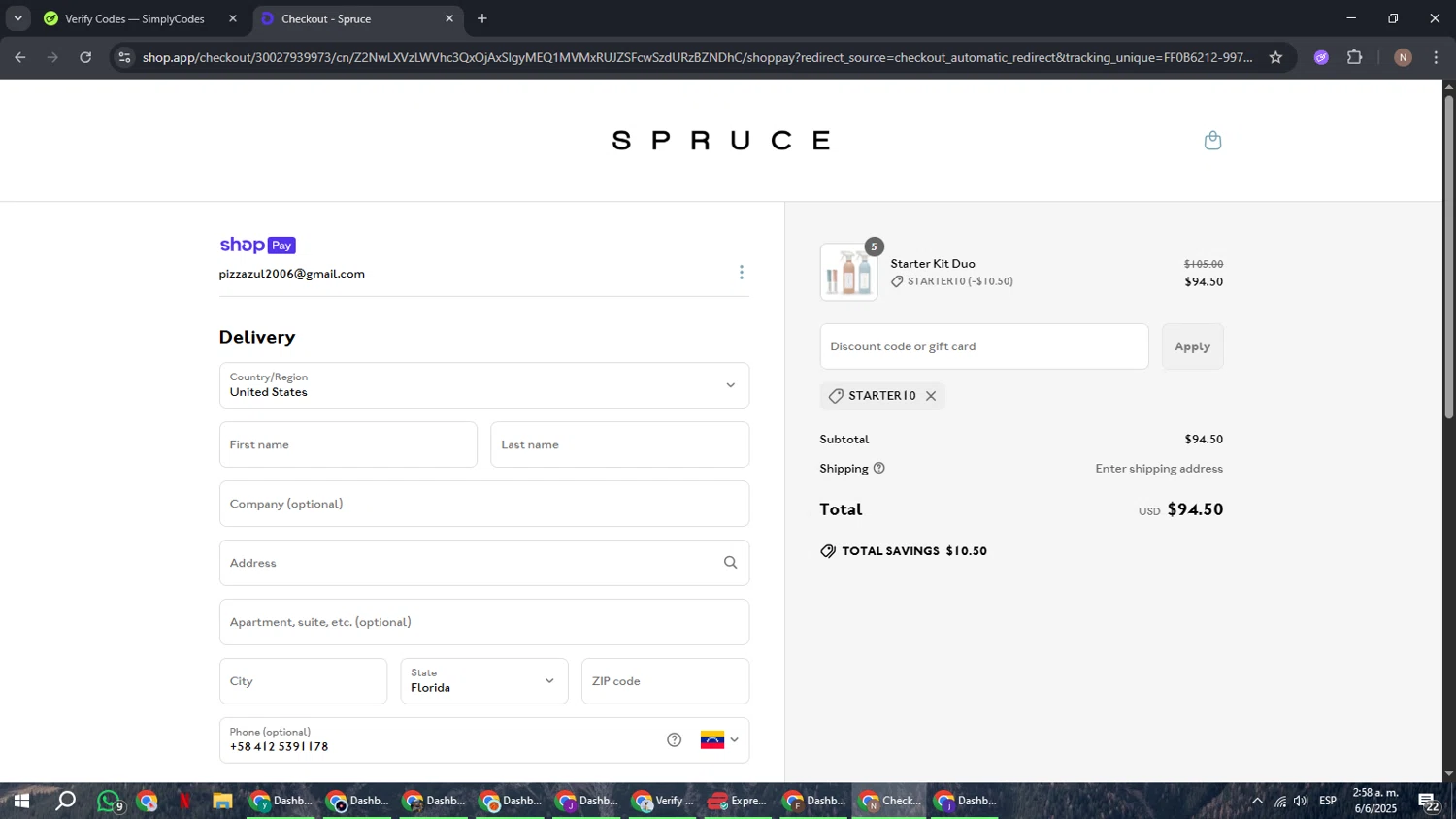 SPRUCE coupon code screenshot showing code STARTER10 applied at SPRUCE checkout page. Uploaded by SimplyCodes community member DiscountPioneer2554 on Jun 6, 2025
