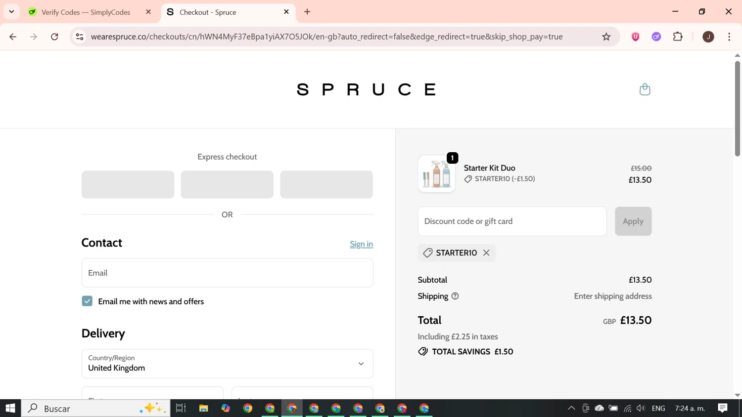 SPRUCE coupon code screenshot showing code STARTER10 applied at SPRUCE checkout page. Uploaded by SimplyCodes community member PrimeGenius2371 on Oct 21, 2025