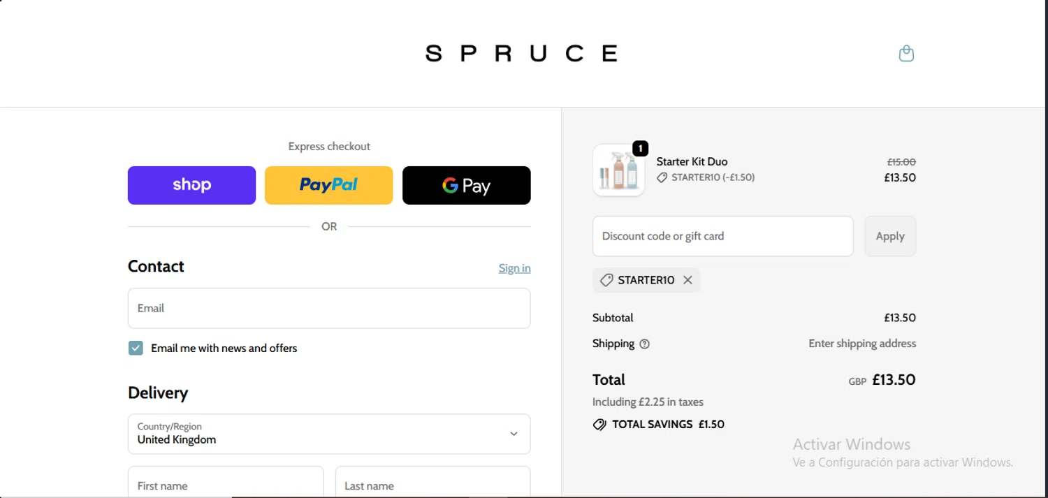 SPRUCE coupon code screenshot showing code STARTER10 applied at SPRUCE checkout page. Uploaded by SimplyCodes community member RewardLynx9164 on Sep 19, 2025