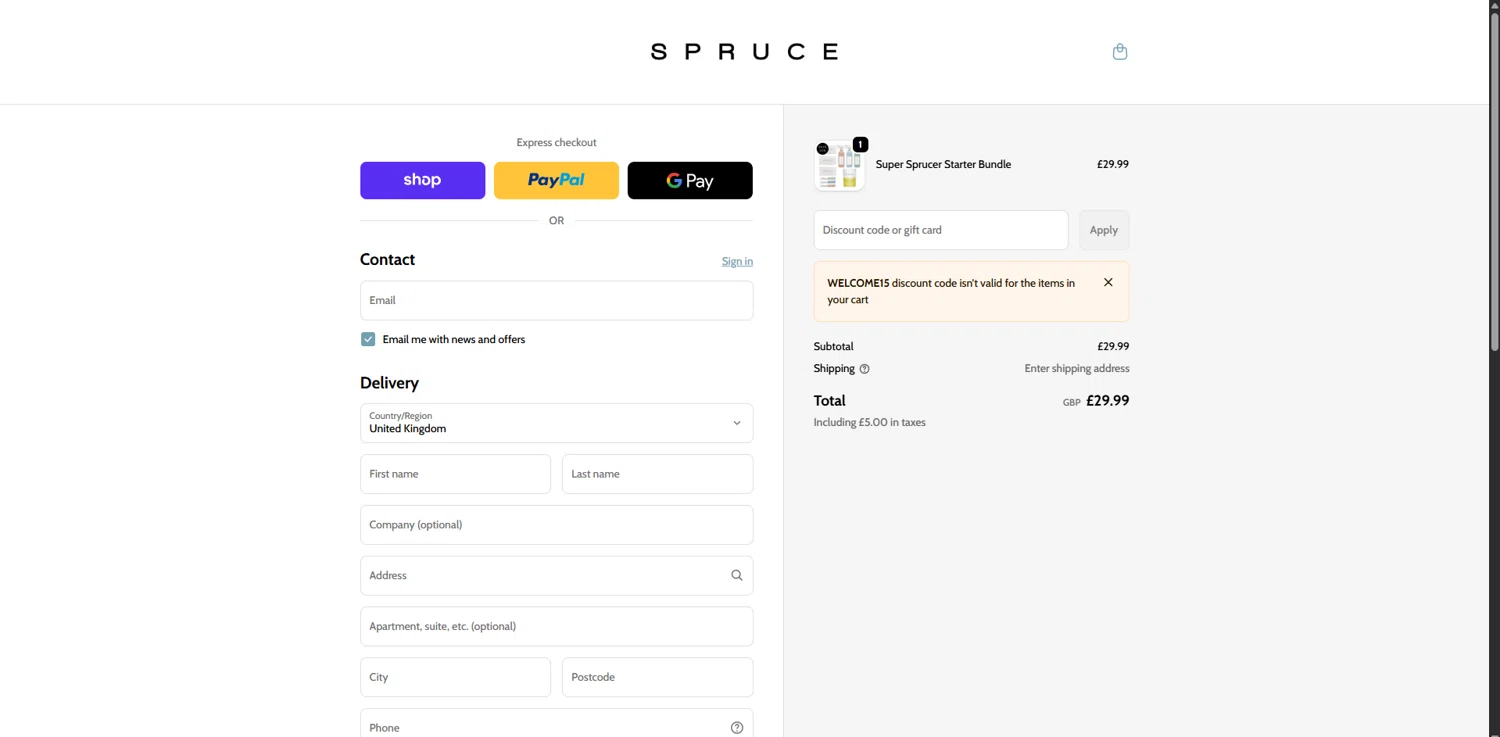 SPRUCE checkout page showing SPRUCE coupon code box | Screenshot taken by SimplyCodes community member on Feb 3, 2026