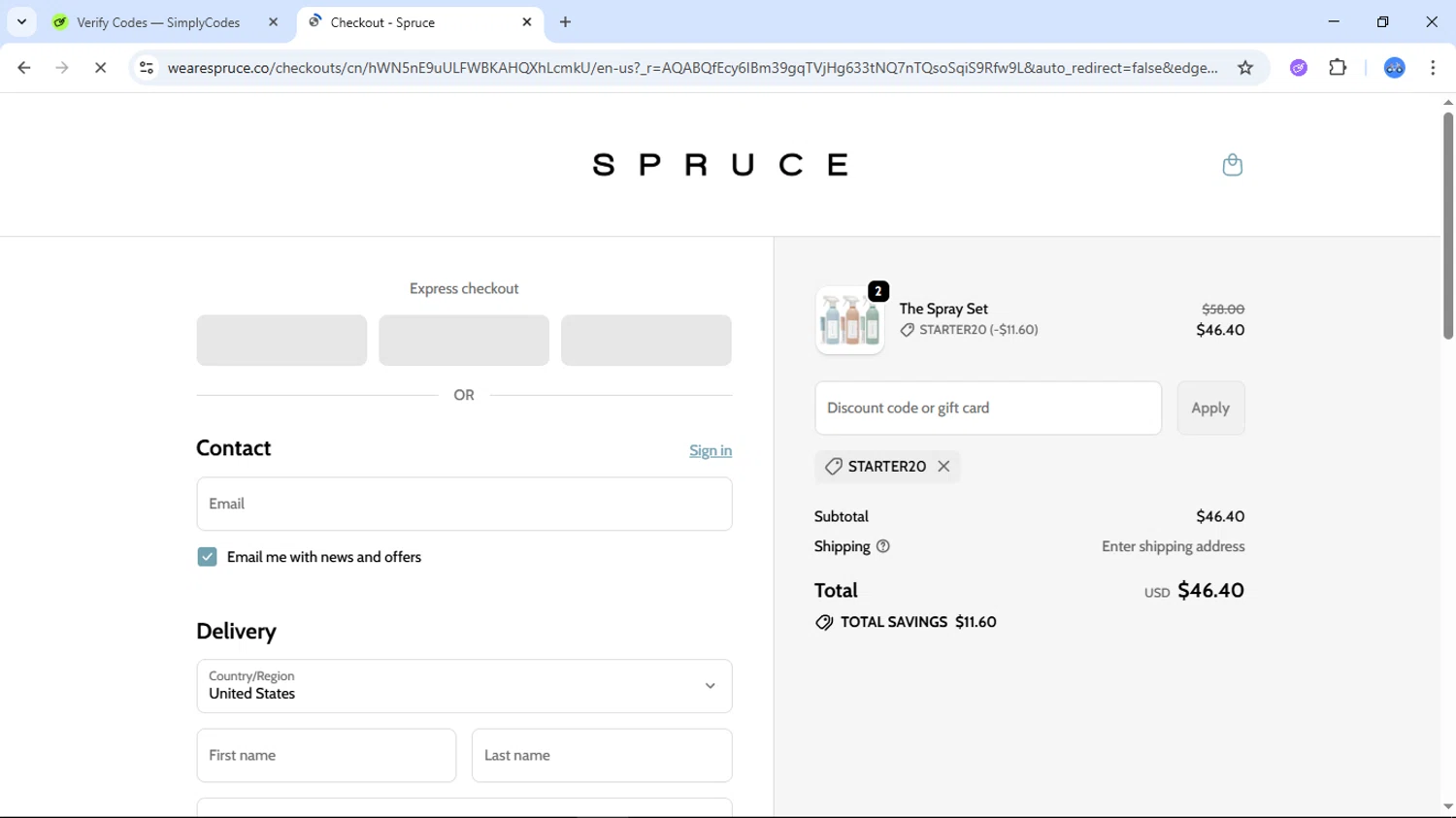 SPRUCE coupon code screenshot showing code STARTER20 applied at SPRUCE checkout page. Uploaded by SimplyCodes community member DiscountTiger7630 on Nov 27, 2025