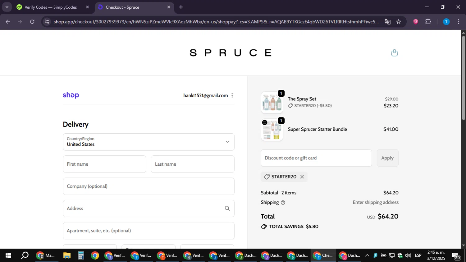 SPRUCE coupon code screenshot showing code STARTER20 applied at SPRUCE checkout page. Uploaded by SimplyCodes community member hankt1521 on Dec 3, 2025