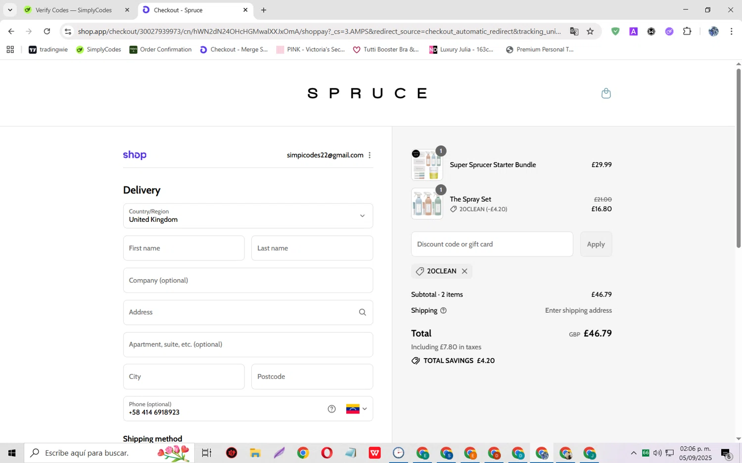 SPRUCE coupon code screenshot showing code 20CLEAN applied at SPRUCE checkout page. Uploaded by SimplyCodes community member JoseH45 on Sep 5, 2025