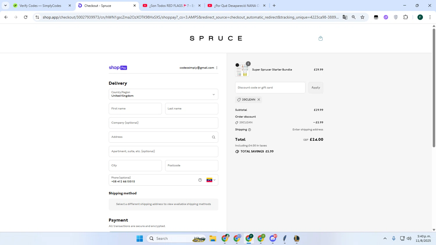 SPRUCE coupon code screenshot showing code 20CLEAN applied at SPRUCE checkout page. Uploaded by SimplyCodes community member Juanse on Aug 11, 2025