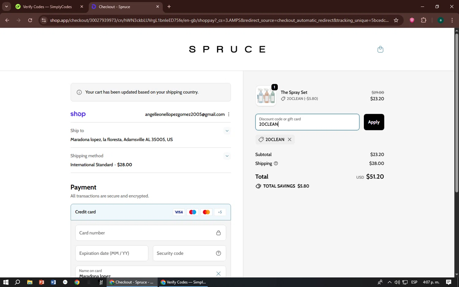 SPRUCE coupon code screenshot showing code 20CLEAN applied at SPRUCE checkout page. Uploaded by SimplyCodes community member zizu55 on Oct 1, 2025