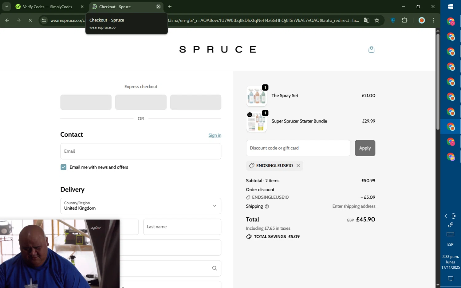 SPRUCE coupon code screenshot showing code ENDSINGLEUSE10 applied at SPRUCE checkout page. Uploaded by SimplyCodes community member DealTiger9869 on Nov 17, 2025