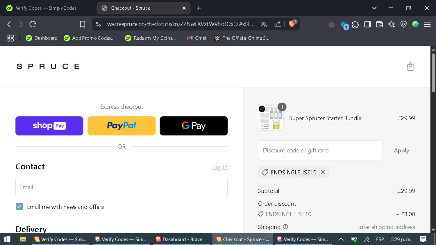 SPRUCE coupon code screenshot showing code ENDSINGLEUSE10 applied at SPRUCE checkout page. Uploaded by SimplyCodes community member SaleAdmiral9379 on Apr 17, 2025