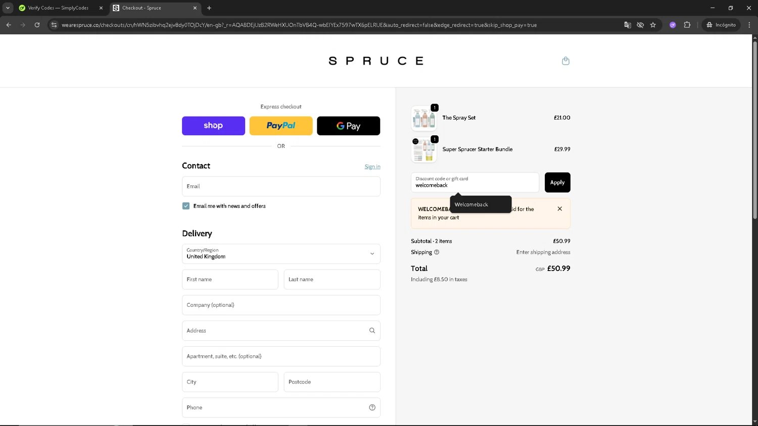 SPRUCE coupon code screenshot showing code welcomeback applied at SPRUCE checkout page. Uploaded by SimplyCodes community member CRF250CC on Dec 3, 2025