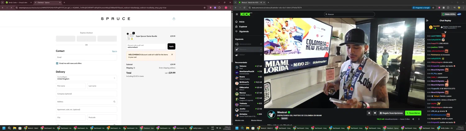 SPRUCE coupon code screenshot showing code welcomeback applied at SPRUCE checkout page. Uploaded by SimplyCodes community member CouponSage7331 on Nov 17, 2025