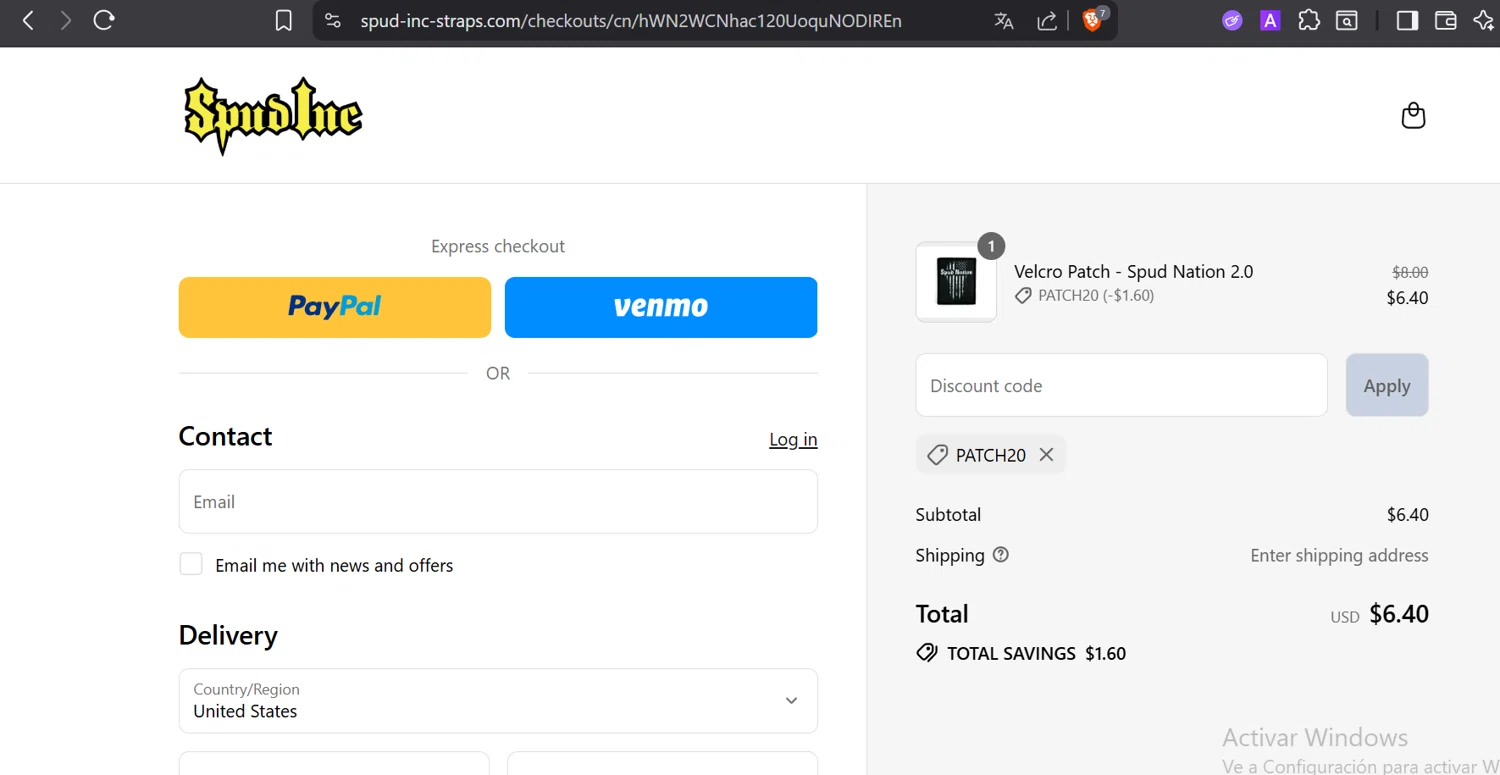 Spud Inc coupon code screenshot showing code PATCH20 applied at Spud Inc checkout page. Uploaded by SimplyCodes community member DiaCritics on Sep 2, 2025