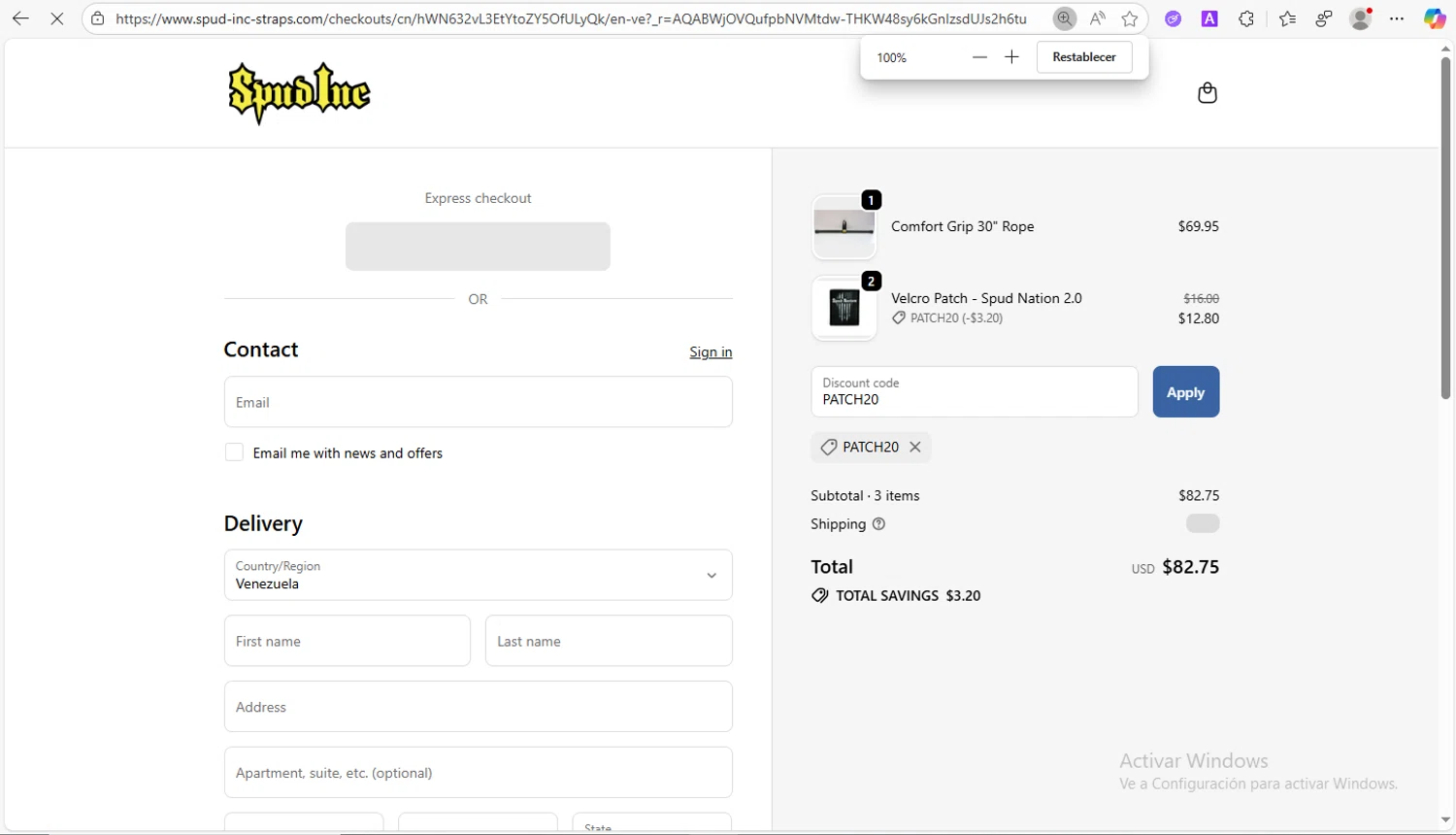 Spud Inc coupon code screenshot showing code PATCH20 applied at Spud Inc checkout page. Uploaded by SimplyCodes community member VoucherWhiz9254 on Dec 4, 2025