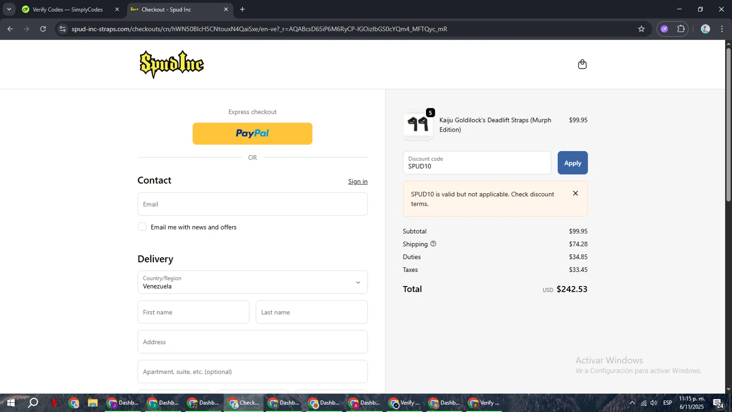 Spud Inc coupon code screenshot showing code SPUD10 applied at Spud Inc checkout page. Uploaded by SimplyCodes community member ShrewdSeeker6165 on Nov 7, 2025