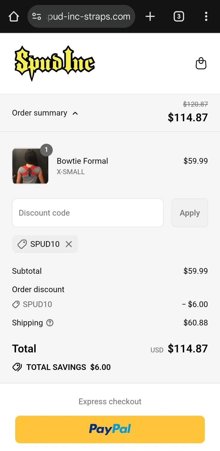 Spud Inc coupon code screenshot showing code SPUD10 applied at Spud Inc checkout page. Uploaded by SimplyCodes community member carmenvilela on Jul 1, 2025
