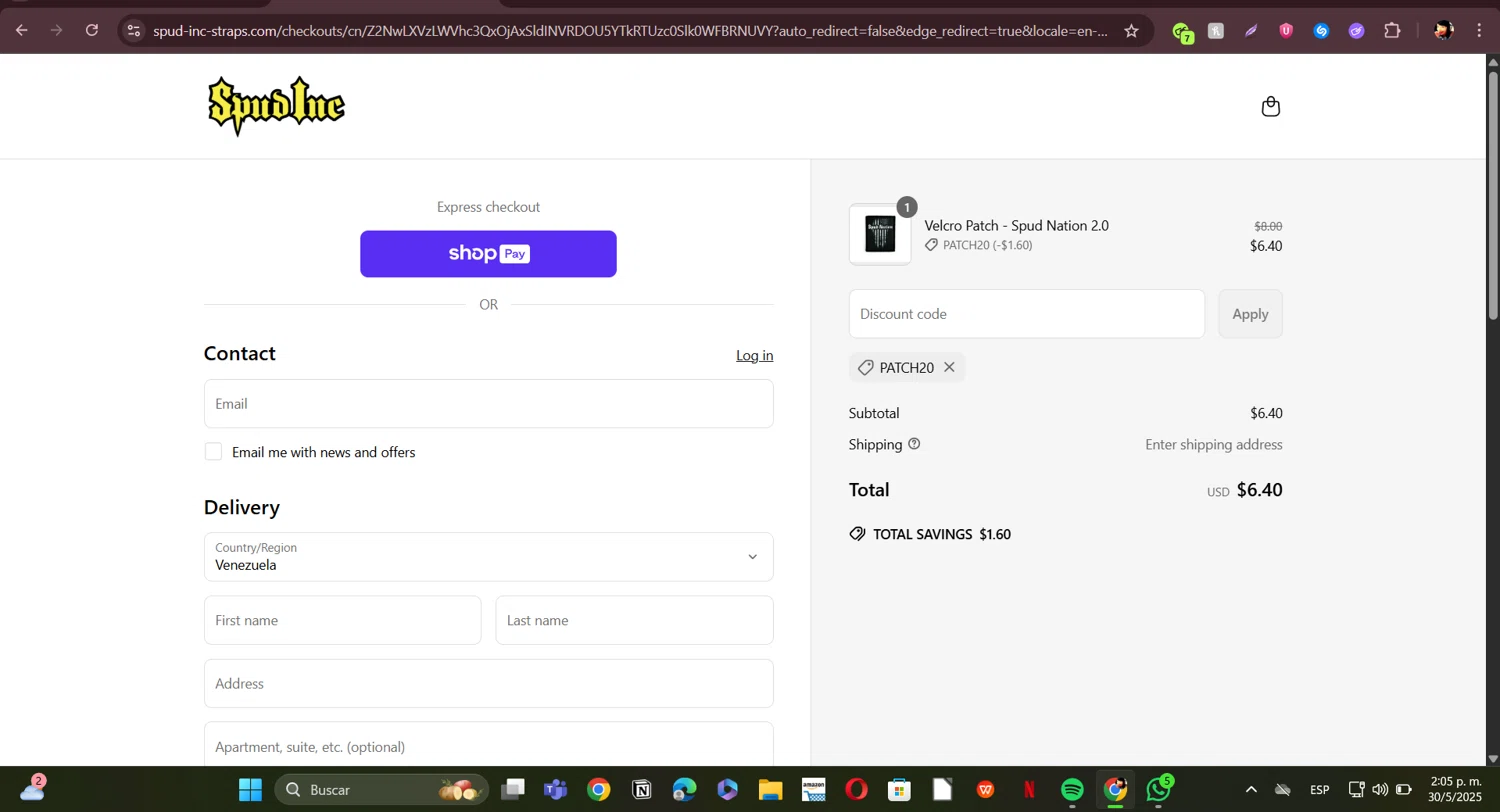 Spud Inc coupon code screenshot showing code PATCH20 applied at Spud Inc checkout page. Uploaded by SimplyCodes community member ERI0810 on May 30, 2025