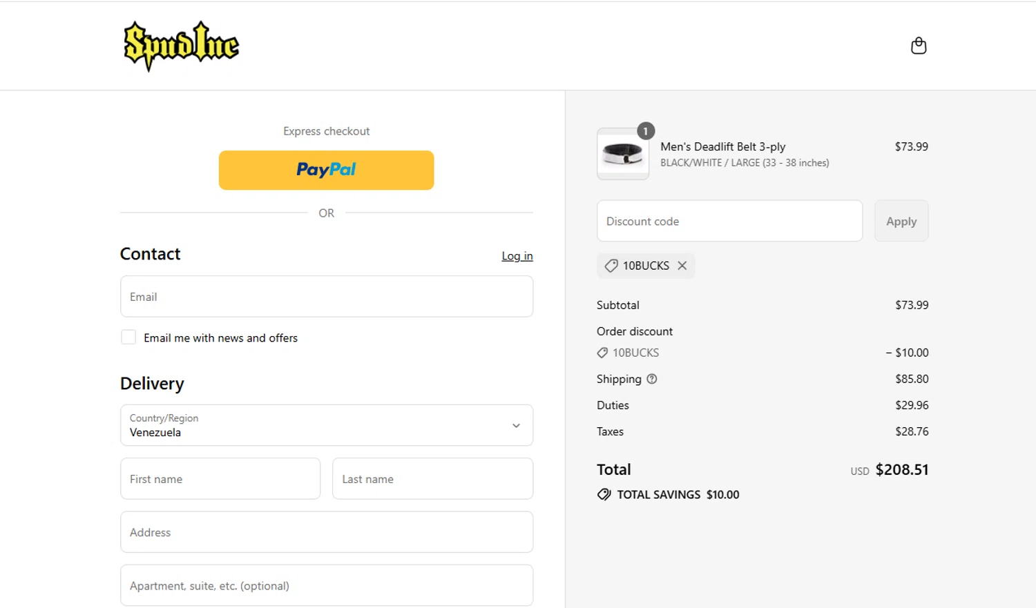 Spud Inc coupon code screenshot showing code 10BUCKS applied at Spud Inc checkout page. Uploaded by SimplyCodes community member ylenisjordan on Jul 21, 2025
