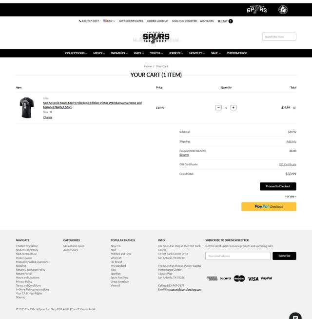 Spurs Fan Shop checkout page showing Spurs Fan Shop promo code box | Screenshot taken by SimplyCodes community member on Jun 27, 2025