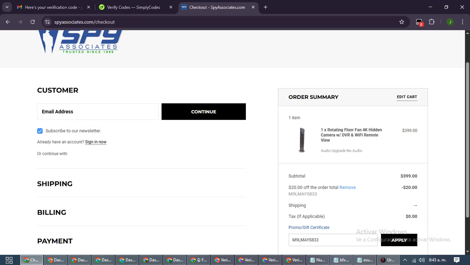 Spy Associates promo code screenshot showing code M9LMAYS833 applied at Spy Associates checkout page. Uploaded by SimplyCodes community member SmartLion6646 on Sep 22, 2025