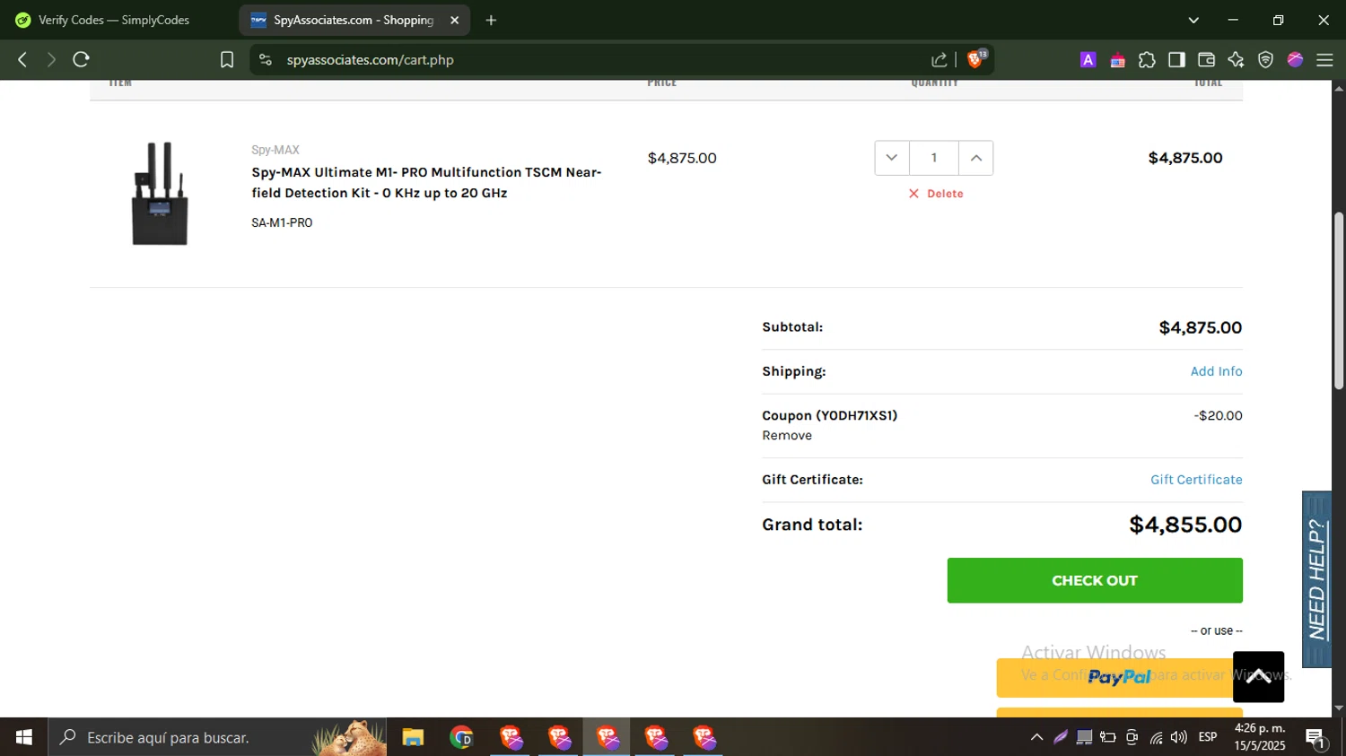 Spy Associates promo code screenshot showing code Y0DH71XS1 applied at Spy Associates checkout page. Uploaded by SimplyCodes community member WonderHawk4190 on May 15, 2025