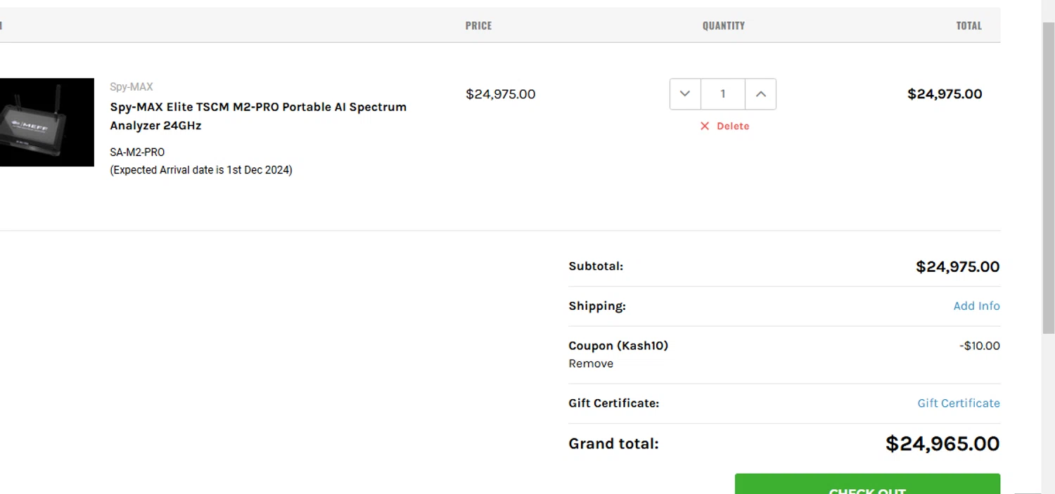 Spy Associates promo code screenshot showing code Kash10 applied at Spy Associates checkout page. Uploaded by SimplyCodes community member Fish3r on Dec 27, 2024
