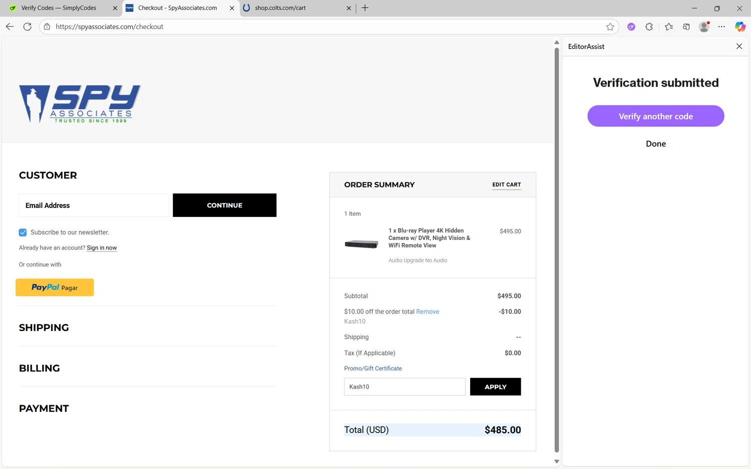 Spy Associates promo code screenshot showing code Kash10 applied at Spy Associates checkout page. Uploaded by SimplyCodes community member Yuyu12 on Sep 26, 2025
