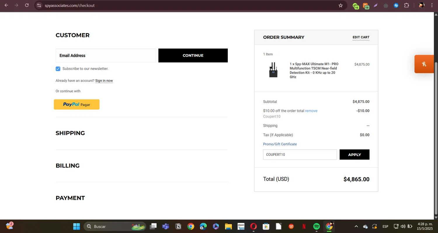 Spy Associates promo code screenshot showing code COUPERT10 applied at Spy Associates checkout page. Uploaded by SimplyCodes community member ERI0810 on May 15, 2025