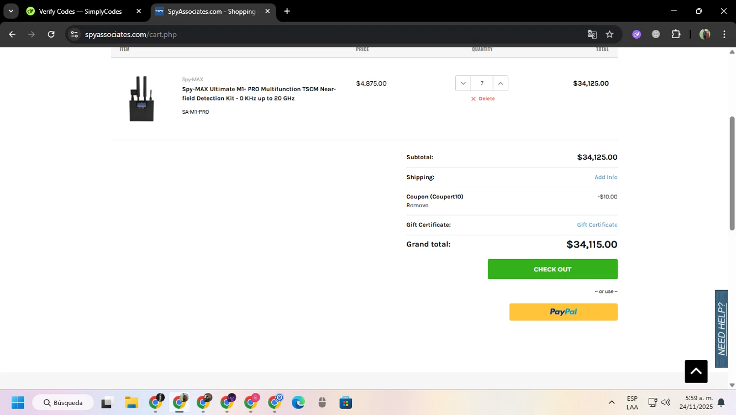 Spy Associates promo code screenshot showing code COUPERT10 applied at Spy Associates checkout page. Uploaded by SimplyCodes community member MoneySentinel7597 on Nov 24, 2025